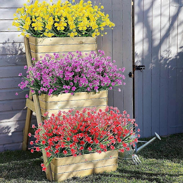 8 Bundter Kunstige Fake Blomster UV-bestandige Buske Planter, Falsk Plastik Grønt Red 20