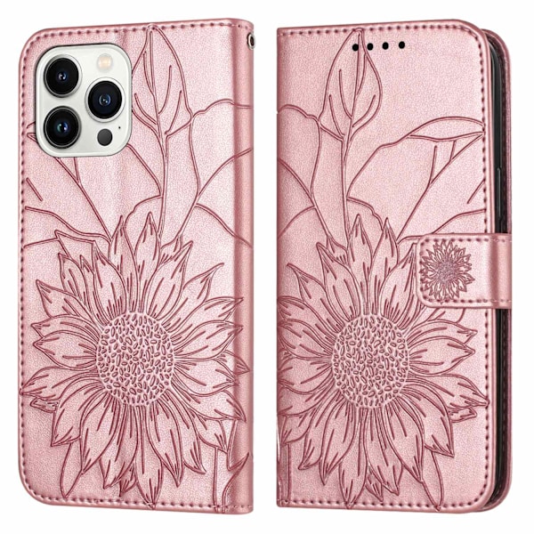 Kotelo iPhone 15 Pro Maxille Ruusukulta 3D Kohokuvioitu Auringonkukkaro Lompakko Korttipaikalla