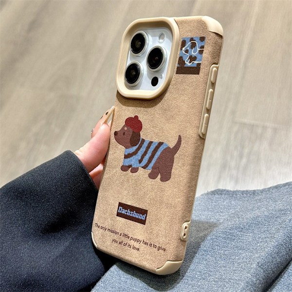 Fodral för iPhone 16 Brun och blå randig tax enkel skal Höst och vinter läder söt hund 3D docka tecknad