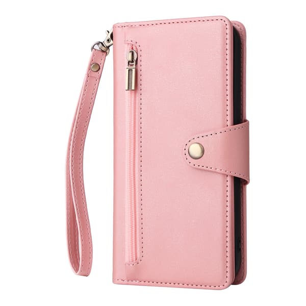 Etui til iPhone 15 Plus Rose Gold OnePlus glidelås retro lommebok med kortholder stropp