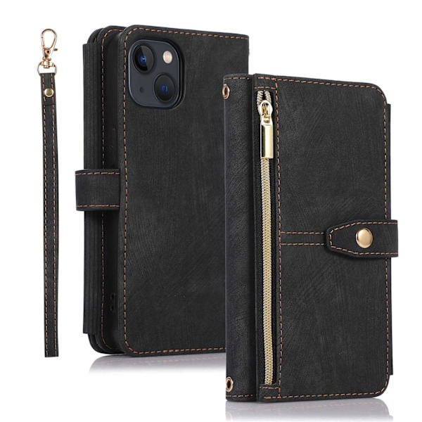 Fodral för iPhone 13 mini Svart [kort rep + lång snodd] dragkedja plånbok med korthållare crossbody flip nio kort