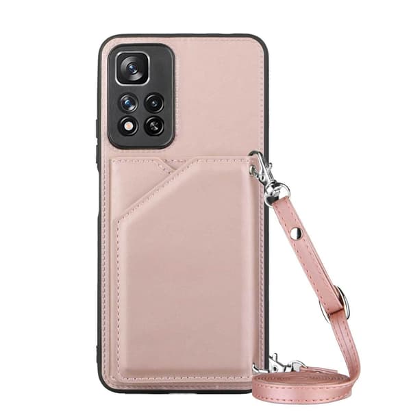 Etui til iPhone 15 Pro Max Rose gull (med lang snor) Soft-Touch Kortholder Stropp Multi-Kort Crossbody Kortholder