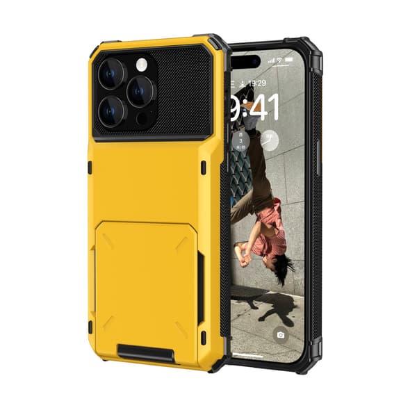 Keltainen iPhone 16 Pro -lompakkokotelo, jossa korttipidike
