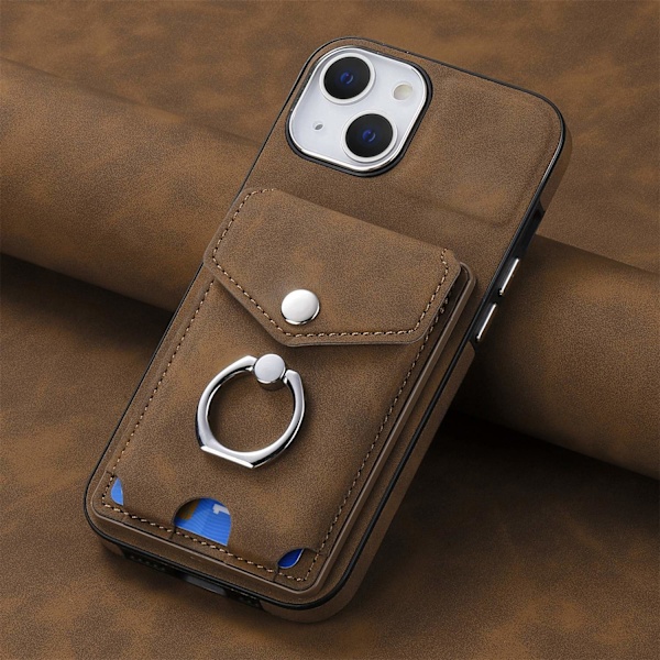 Etui til iPhone 15 brun Højkvalitets galvanisering Soft-Touch kortholder ringstativ