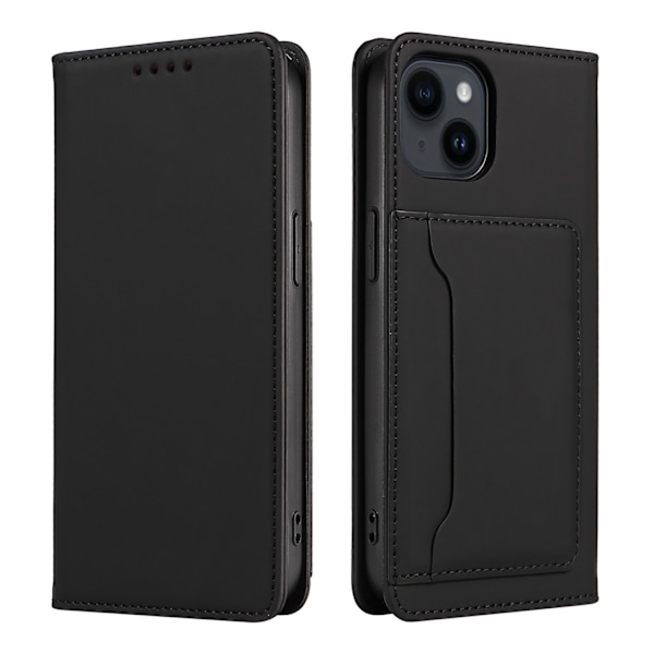 Kotelo iPhone 15:lle, musta, pehmeäpintainen läppä