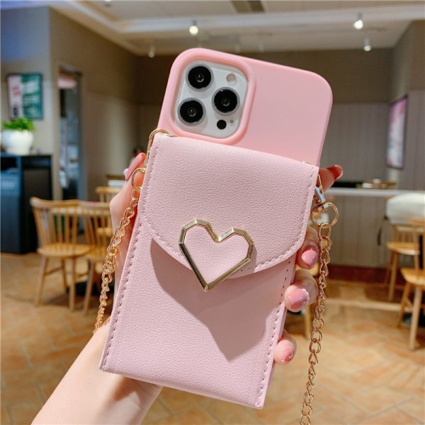 Kotelo iPhone 15:lle Rakkauslompakko pinkki Metalliketju Sydänlompakko Korttipidike nahkaa Teksturoitu Korttipidike Crossbody Pehmeä