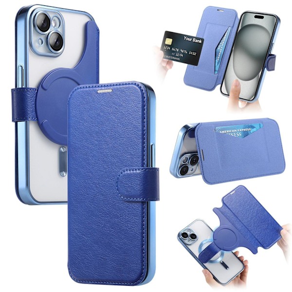 Etui til iPhone 16 Pro Blått elektroplettert magnetisk 2-i-1 skinnetui Elektroplettering transparent Magnetisk Flip 2 i 1