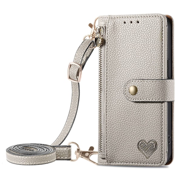 Etui til iPhone 15 Off-white [lang crossbody lanyard] Source Love Pebbled RFID-blokerende rem