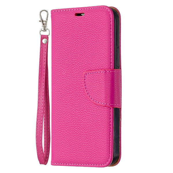 Etui til iPhone 13 Pro, rosenrødt, stenet, almindeligt flip-wallet med kortholder og rem