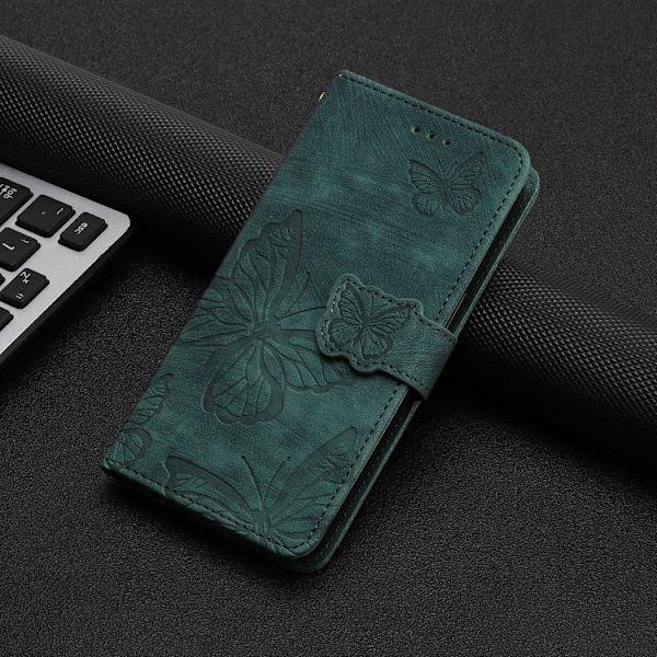 Etui til iPhone 14 grøn sommerfugl 3D præget pung med kortholder flip