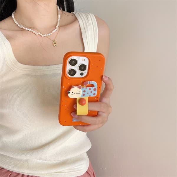 Etui til iPhone 16 Pro Orange blæk + killingering Sød 3D lille dyrefingerring spænde lædertekstur