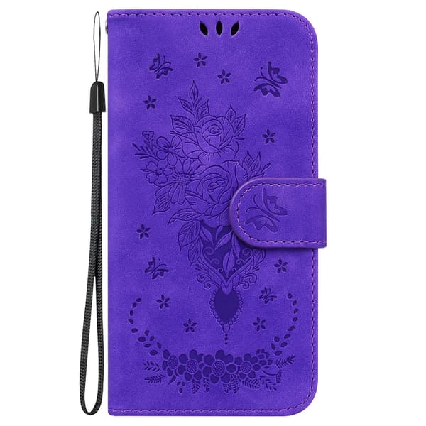 Etui til iPhone 14plus Lilla Sommerfugl Rose 3D Præget Flip Wallet med Kortholder
