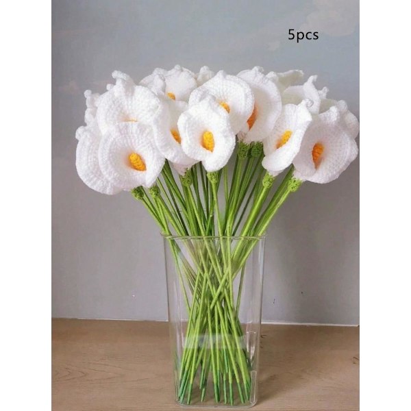 5 stk. Heklet Calla Lily Strikkede Kunstige Blomster Kreative Gaver til Venninnebursdag Kvinner Bryllup White 5pcs