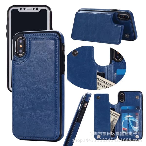 Etui til iPhone e15pro Max blått flip-lommebok med kortholder