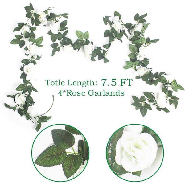 4 stk. (9,75 meter) Kunstig Rose Ranke Falsk Blomsterguirlande Hængende Rose Vedbend Hængekurve Bryllupsbue Have Baggrundsdekoration (Pink) White
