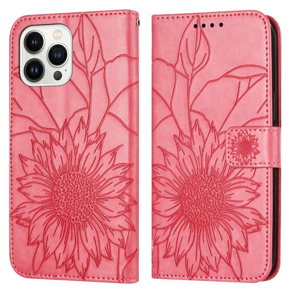 Fodral för iPhone 16 Pro Max Rosröd 3D Präglad Solrosplånbok med Korthållare Flip