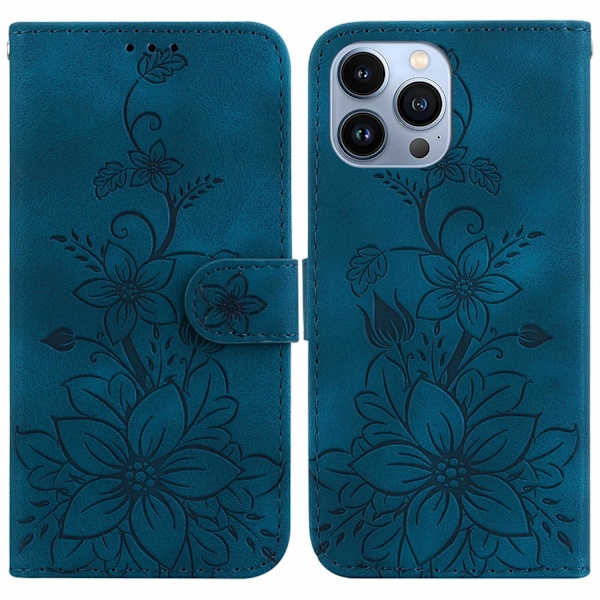Kotelo iPhone 15:lle, sininen Lily-kohokuvioitu 3D-lompakkokotelo korttipidikkeellä