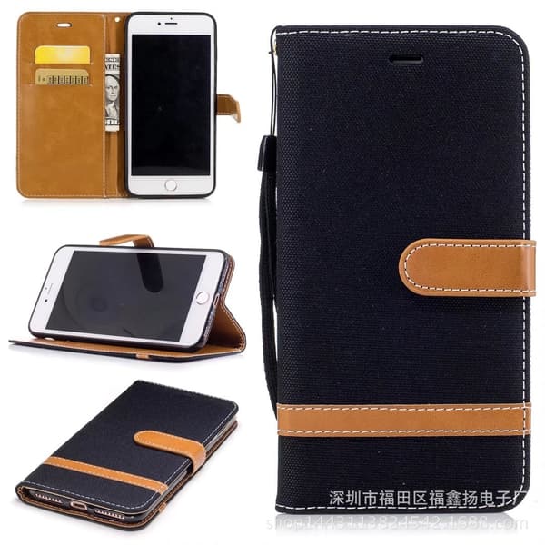 Etui til iPhone 13 Pro Max sort Denim Mixed Media Kontrastfarvepung med kortholder Flip
