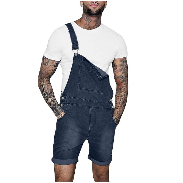 Nya män Casual Fashion solid bröstficka jeansshorts Rak typ overall Dark Blue XL