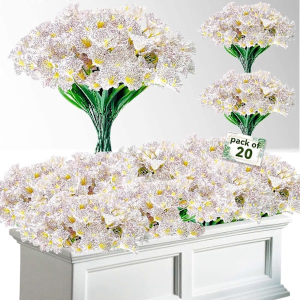 Konstgjorda blommor för utomhusbruk, 16 buntar falska blommor UV-beständiga konstgjorda sidenblommor för utomhusplanterare, fönsterlåda (blandade färger) White