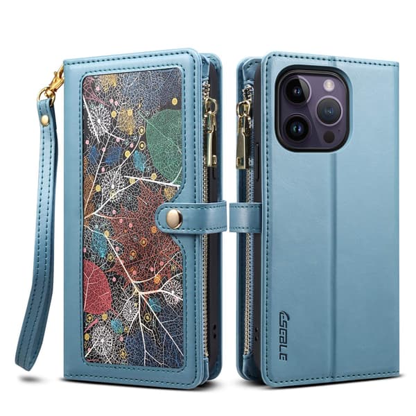 Fodral för iPhone 14 MAX/iPhone 14plus Blå + armband Blandade Material Flip Crossbody Multi-kort Dragkedja Målad