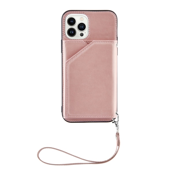 Kotelo iPhone 13 6.1:lle ruusukulta (rannekorulla) pehmeäpintainen korttipidike hihnalla, monikorttinen crossbody-korttipidike