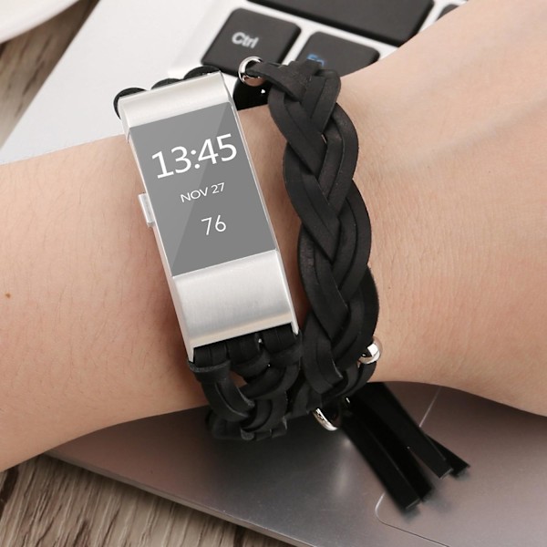 Sort Sort kompatibel med Fitbit Charge 2 Vævet Læder Urrem