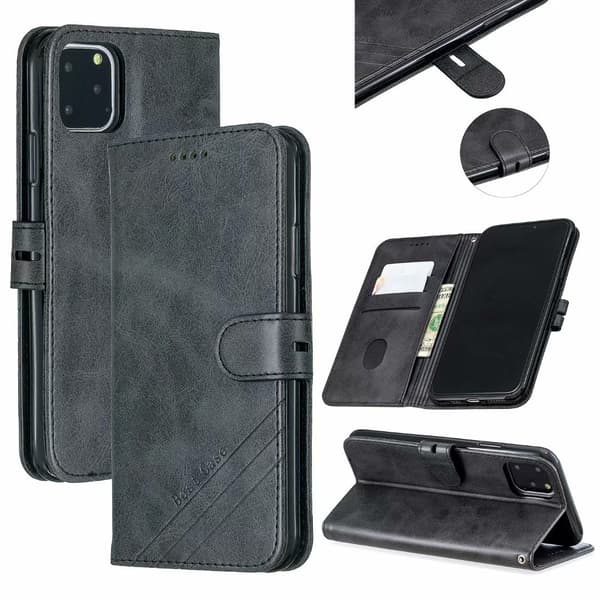 Etui til iPhone 16 Plus sort kalveskind almindelig pung med kortholder flip