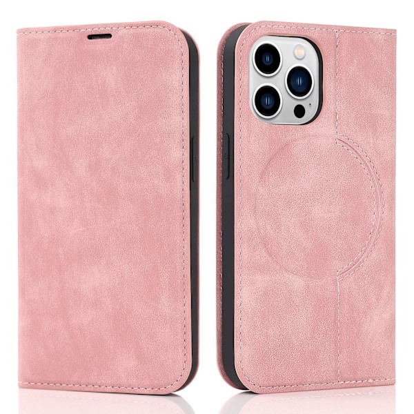 Etui til iPhone 14 Pro Max rosa trådløs lader magnetisk flip