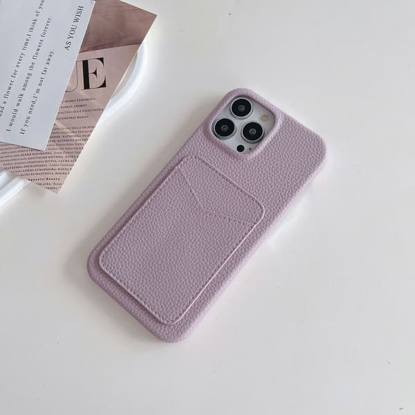 Etui til iPhone 14 Lys lilla kortholder litchi læder etui Klassisk Pebbled Kortholder Lædertekstur