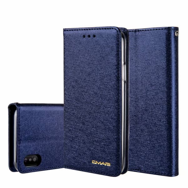 Etui til iPhone 15 Mørkeblå Silke Tekstur Flip Wallet med Kortholder Snap-on Wallet med Kortholder