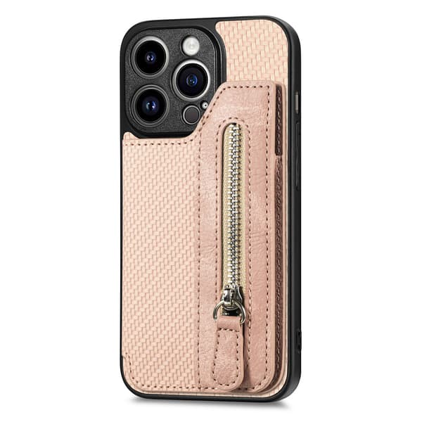 Fodral för iPhone 15PLUS aprikos Kolfibermönster Plånbok med korthållare stativ