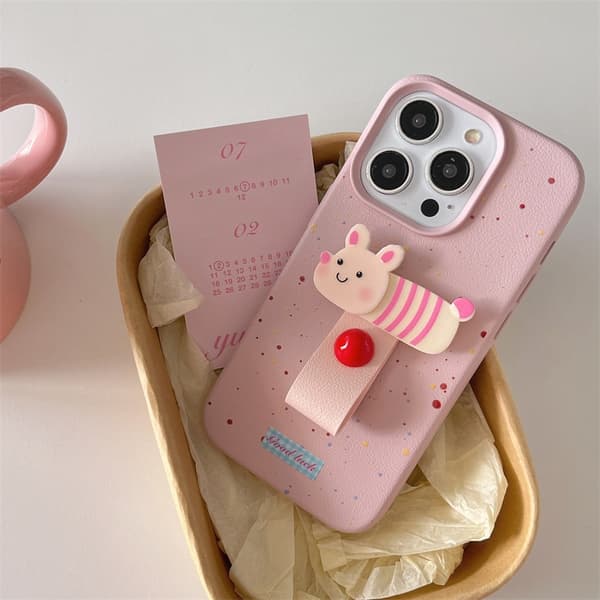 Fodral för iPhone 15 Rosa bläck + grisring Söt 3D liten djur fingerring spänne lädertextur