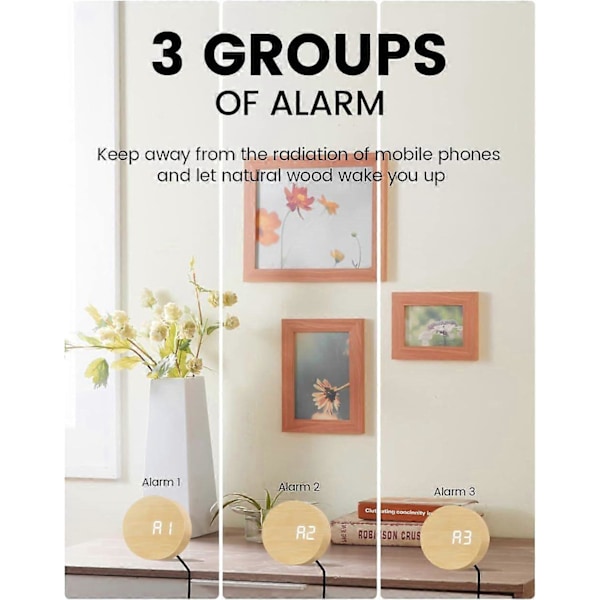 Väckarklocka i Trä för Sängbord, 3 Individuella Alarm med Vardagsläge, Dimbar, Ljudaktiverad, Snooze-funktion, Digital Klocka Drivs Endast av USB_Specia