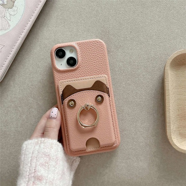Kotelo iPhone 15 Prolle, vaaleanpunainen nahka, söpö karhu, kivikuvioitu