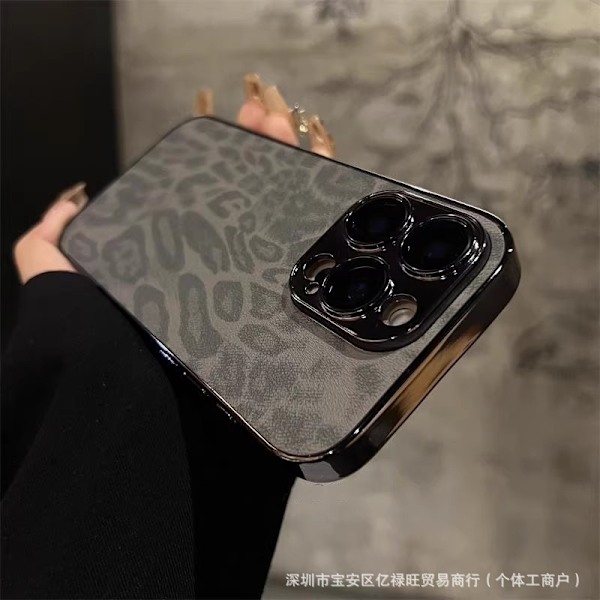 Fodral för iPhone 14plus svart Leopard lädertextur elektropläterad rak kant linsskydd integrerad frostad
