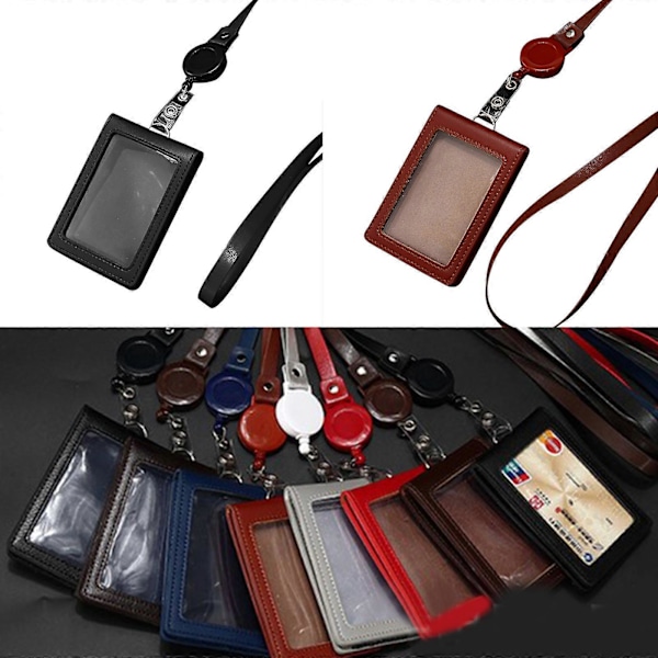 Læder Badge Holder med Udtrækkelig Lanyard Kort Etui Sleeve Klar Bank Kreditkort Holder Klar Vindue Kortbeskytter black lychee retract
