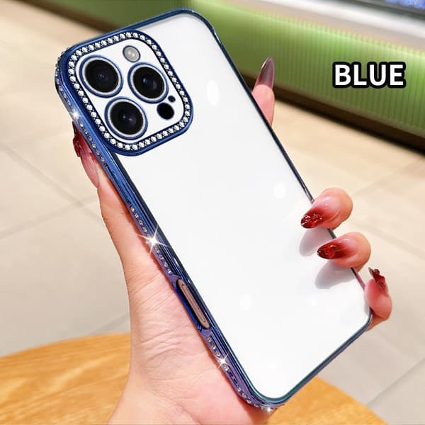 Etui til iPhone 14 Plus med Rhinestone-aksent, galvanisert, klare linsedetaljer, klar Noz34234
