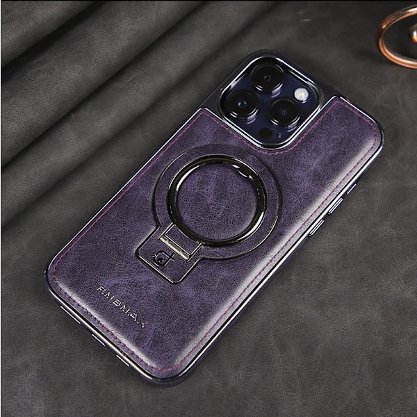 Etui til iPhone 15PRO MAX Mørk lilla [beslag + magnetisk sugekop] High-end business læder Magnetisk stativ