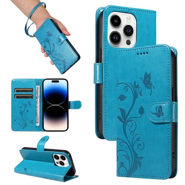 Etui til iPhone 14 Plus Blå + læderarmbånd 3D Præget Mandelblomst Træpung med Kortholder