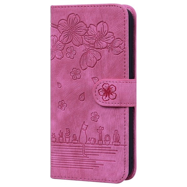 Fodral för iPhone 14 Plus Rosaröd Comic Sakura Katt 3D Präglad Flip Helkropp