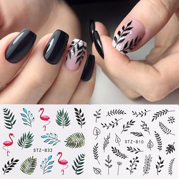 Nail Stickers Decal Black Flowers Leaf Transfer Nail Art Decorations Slider STZ823