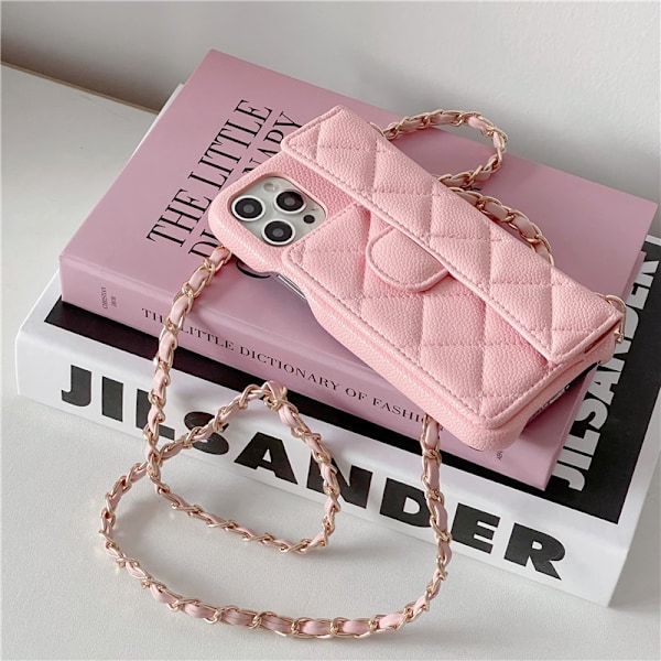 Etui til iPhone 16 Litchi mønster diamant pink + lanyard kortholder ins diamantformet pung med kortholder læder tekstur rem hård