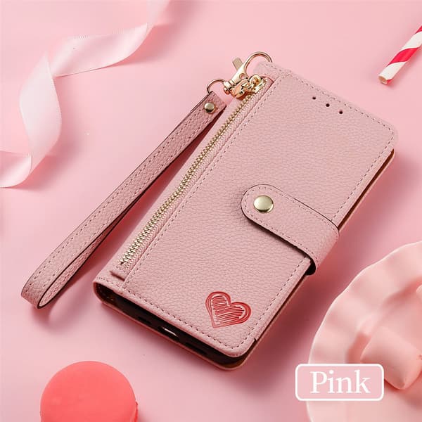 Etui til iPhone 14 Pro Max Pink + [snor i samme farve] lædertekstur Rem Pebbled Wallet med kortholder