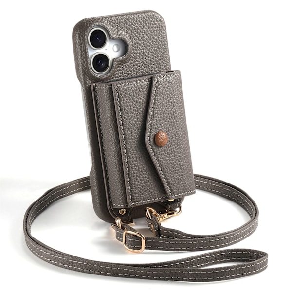 Kotelo iPhone 13 Pro -puhelimelle, harmaa, kivikuvioitu, haitarimallinen crossbody-laukku, pitkä rannekoru, peili-ikkuna