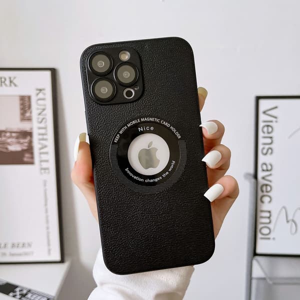 Fodral för iPhone 15PLUS svart Pebbled läder Magnetisk Saknas etikettlins