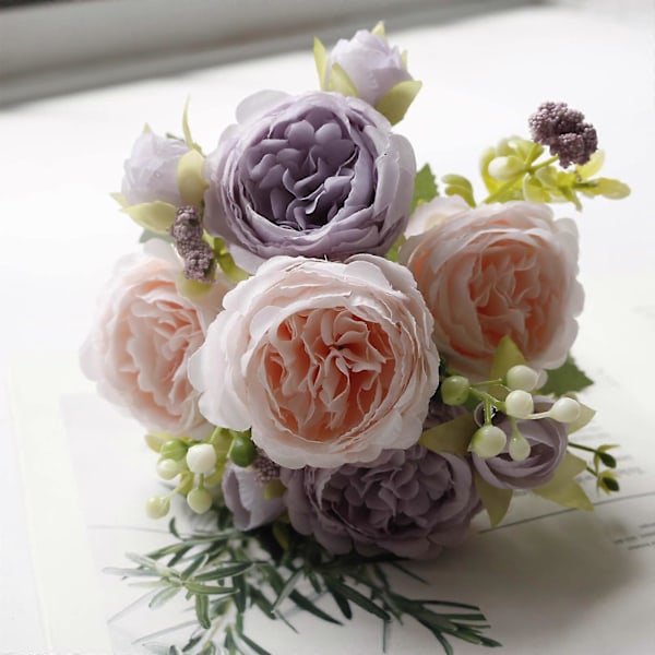 Hjemmedekorasjon Simulasjon Falsk Blomsterbukett med Roser Pink Purple