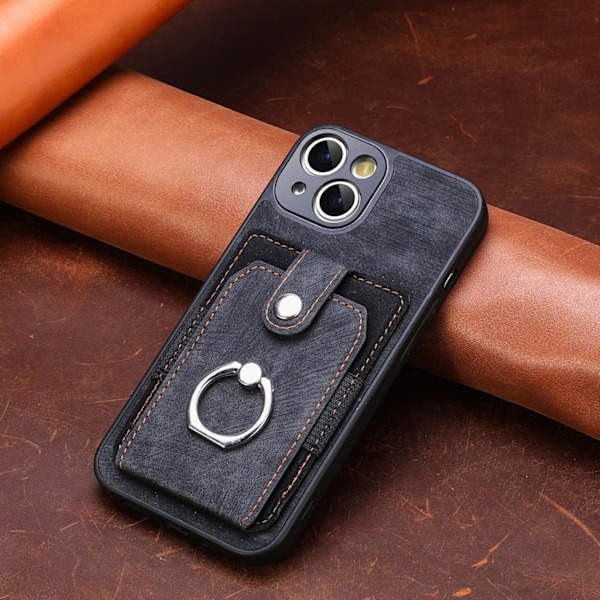 Etui til iPhone 16PRO sort kortholder vintage metalring