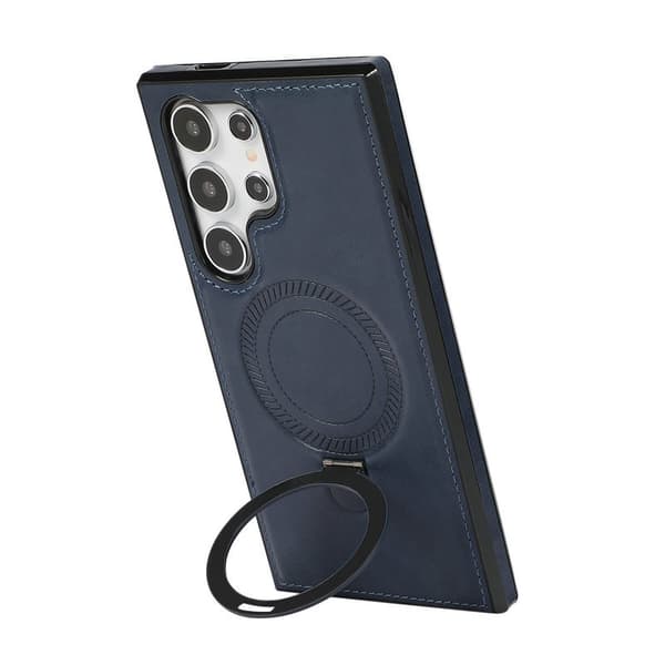 Etui til iPhone 15 Pro blå Bagside Magnetisk opladningsring lædertekstur business