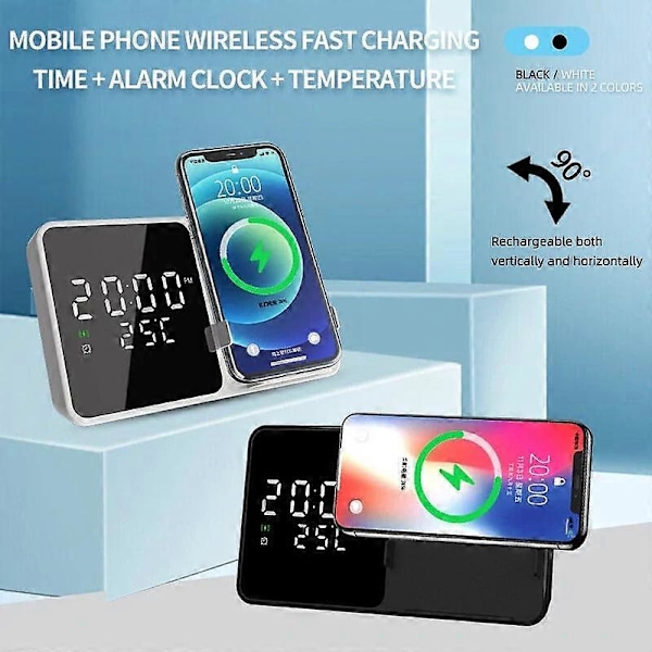 15W Trådlös Laddare & Väckarklocka För Iphone 15, Samsung Z Flip4 - Snabb Qi-Laddning, Temperaturvisning White